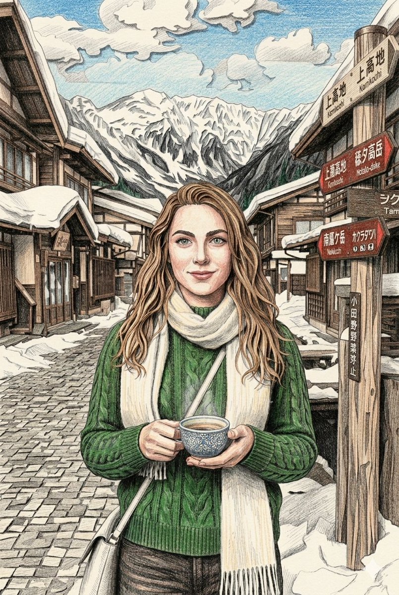 一个中景镜头,描绘一位宁静祥和的高加索女性,留着波浪状的浅棕色长发,有一双富有表现力的绿色眼睛,她面带温柔的微笑,站在一条被白雪覆盖的、充满乡…, 图片 4