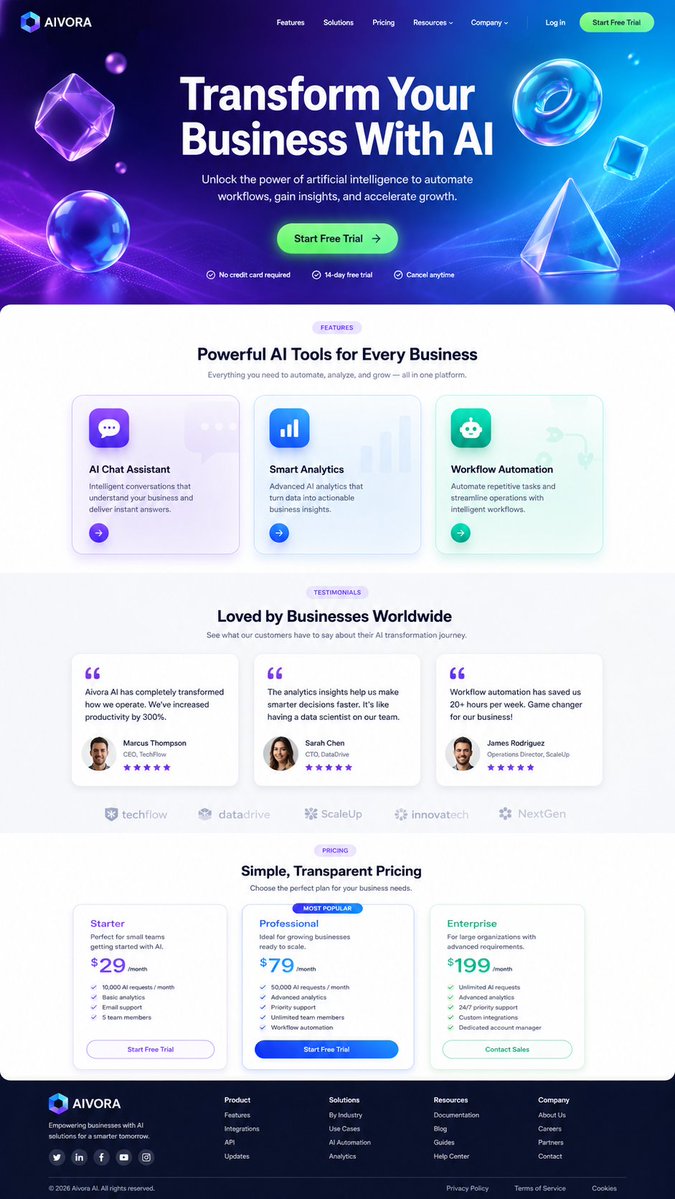 A complete modern website landing page mockup displayed as a single vertical sc…