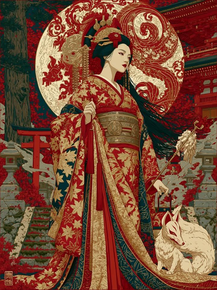 受浮世绘启发的数字插画，竖版人像，采用浓郁的红色与金色配色，搭配繁复的图案纹样。, 图片 1