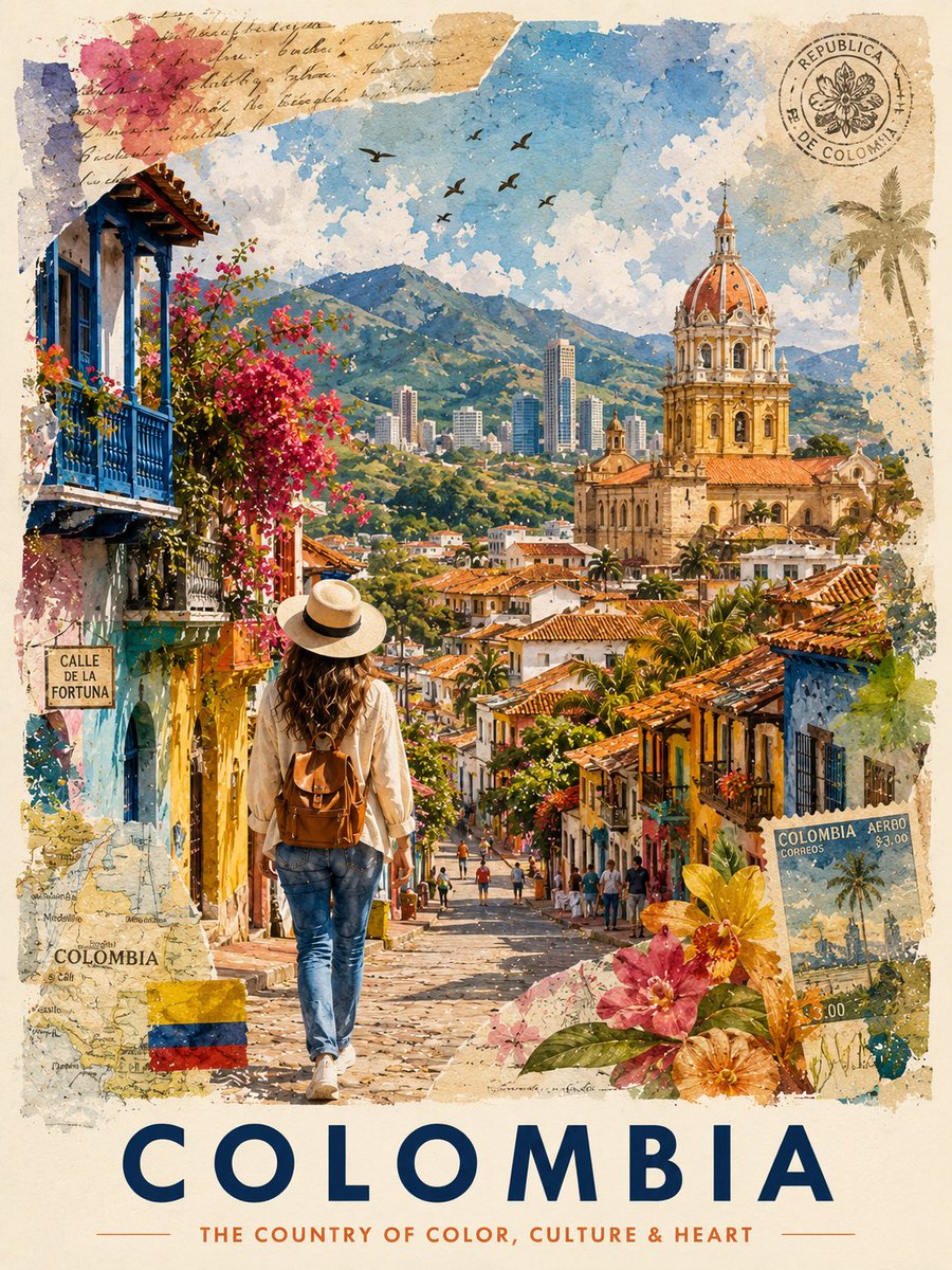 奢华混合水彩拼贴风格的哥伦比亚旅行海报插画,融合优雅的手绘水彩艺术、复古拉丁美洲旅行海报美学以及分层编辑剪贴簿设计。一幅电影感的卡塔赫纳鹅卵石…, 图片 2
