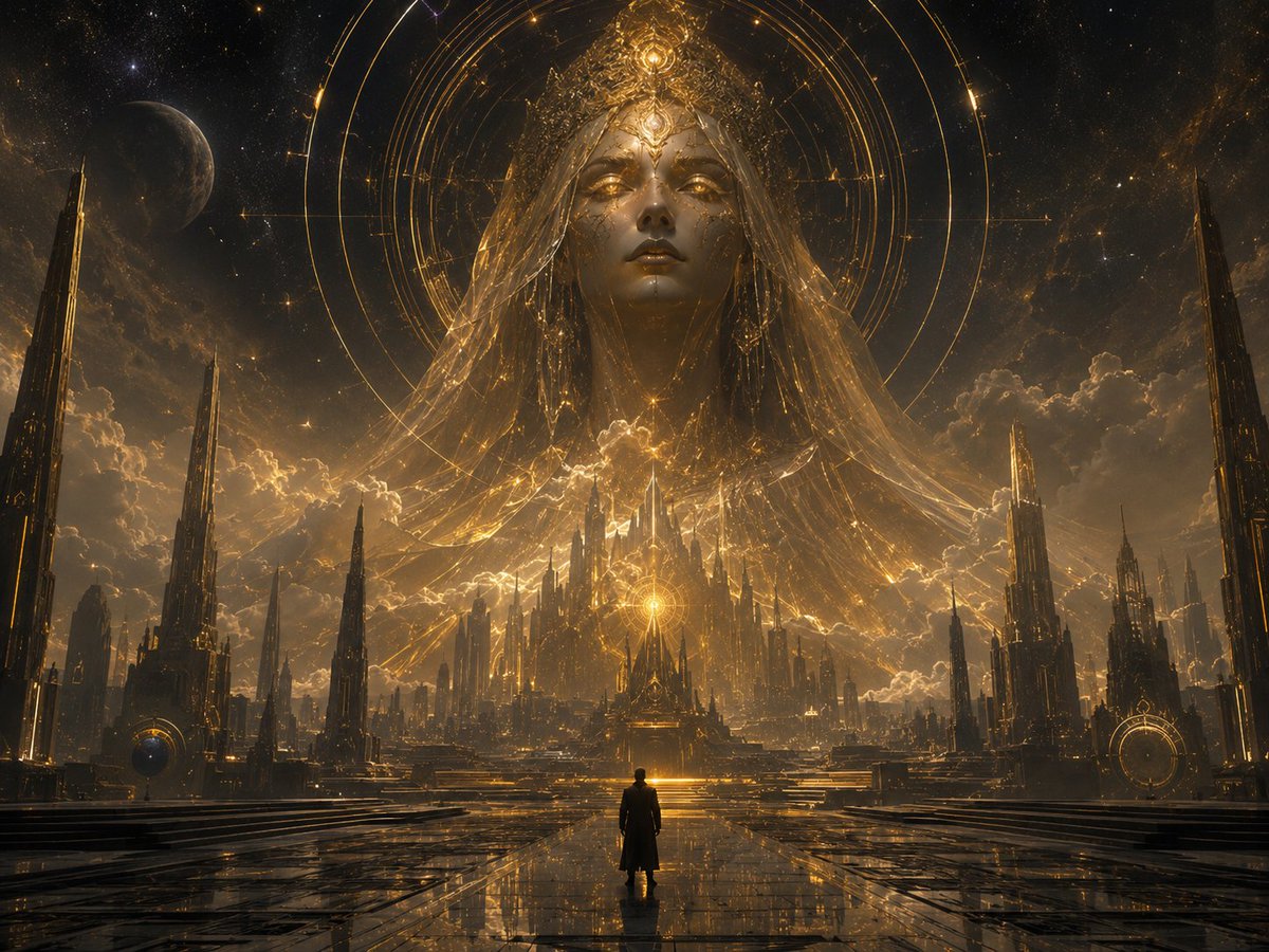 庞大天体的女性实体,高耸于一座巨大的未来主义神圣城市之上,流光溢彩的金色宇宙面纱飘入云端与星辰,被宏大的同心光环几何图形与神圣的天文圆环环绕的…, 图片 1