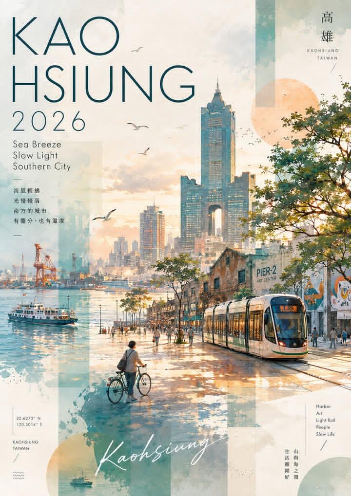 高雄,台湾水彩拼贴风格旅行海报,竖版布局,柔和粉彩与暖色调黄金时刻配色。, 图片 1