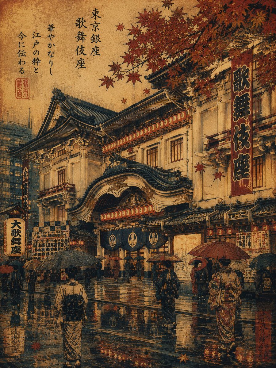 一幅受复古日本浮世绘启发的旅行海报插画，描绘日本东京东京巨蛋（Tokyo Dome）在雨夜秋日傍晚的景象。巨大的灯火通明的穹顶体育场巍然矗立于…, 图片 1