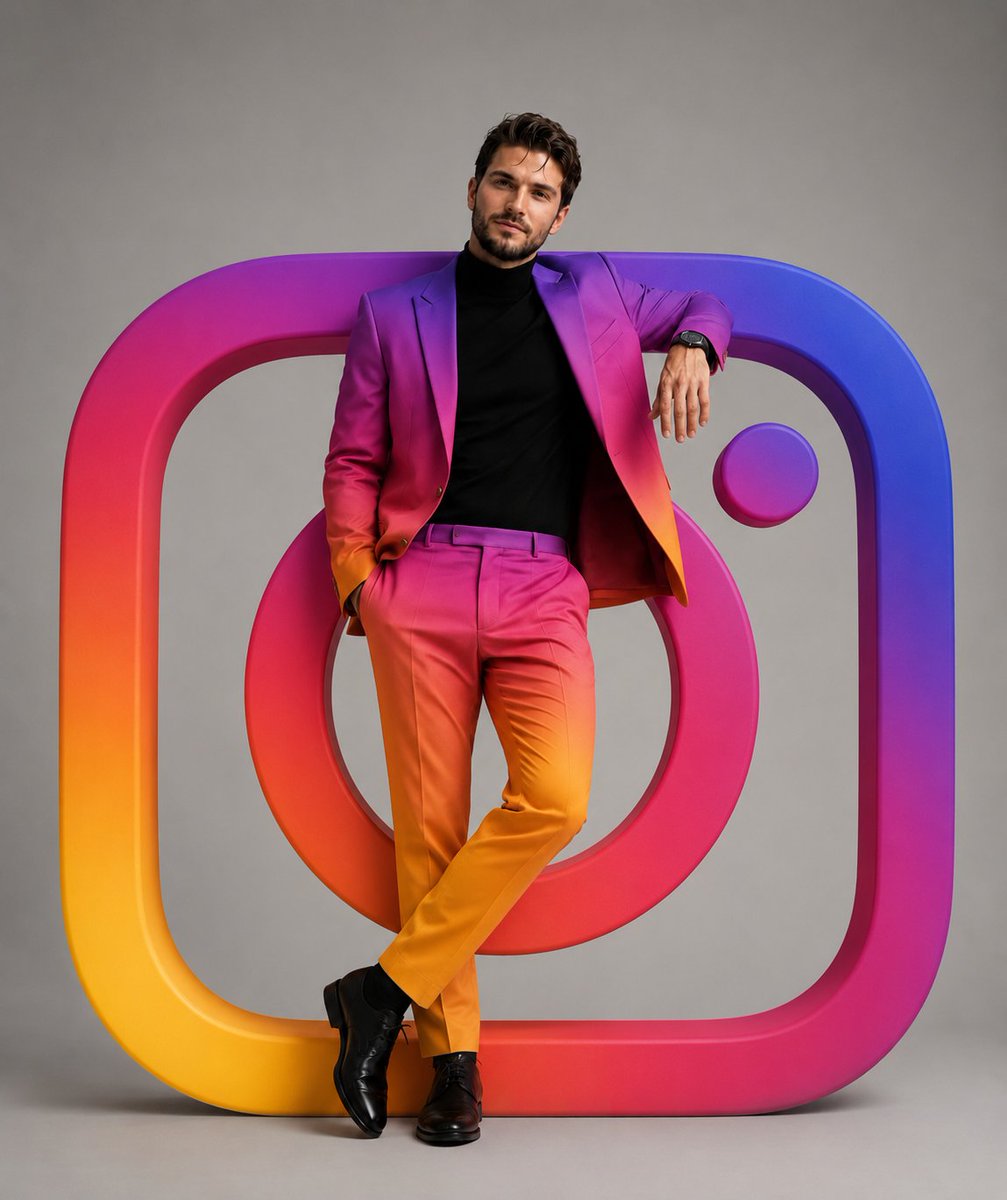 超写实奢华工作室时尚人像，帅气男士随意倚靠在一个巨大的3D Instagram标志旁。Instagram标志尺寸超大，质感光亮，采用标志性的鲜…, 图片 1