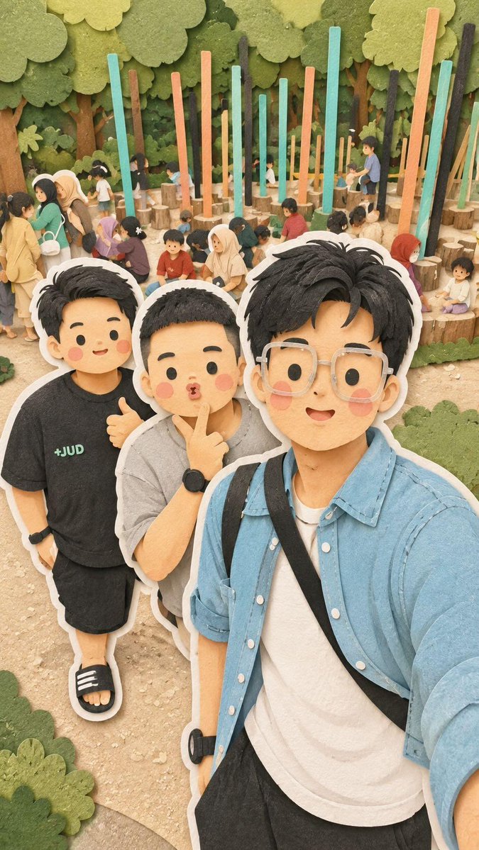 可爱卡哇伊家庭旅行拼贴画，将四个不同的场景组合在一幅构图中，可爱的动漫风格父母、朋友和孩子们一起自拍和探索，手工剪纸立体场景风格，分层硬纸板和…, 图片 1