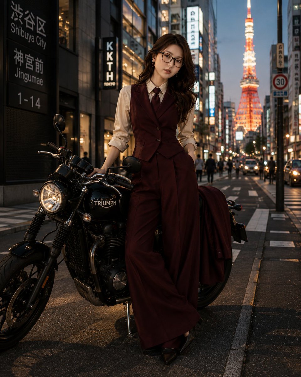 超现实电影感时尚编辑风格照片，一位优雅的女性（参考图中给定）站在狭窄的东京街道上，旁有一辆黑色凯旋摩托车，蓝色时刻，背景中东京塔闪耀发光，街道…, 图片 1