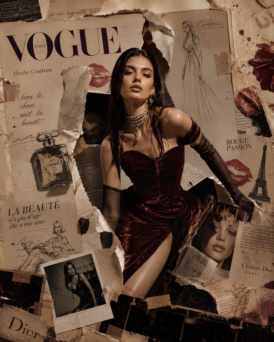 超高端超现实复古编辑拼贴画，灵感源自《Vogue Italia》意大利版与90年代奢侈时尚大片，一位令人惊艳的T台缪斯从碎片化的 vintag…, 图片 1