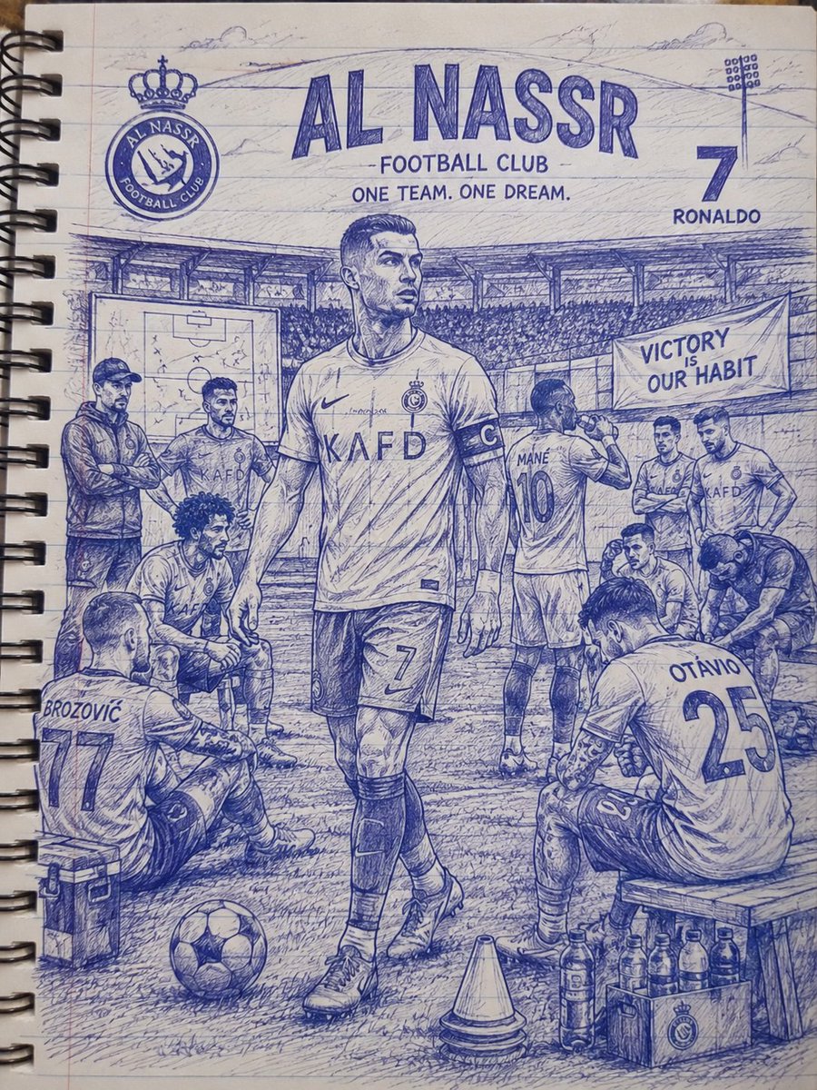 一幅高度精细的单色蓝色圆珠笔素描插画，绘制于螺旋装订笔记本内页之上，描绘克里斯蒂亚诺·罗纳尔多（Cristiano Ronaldo）与阿尔纳斯…, 图片 1