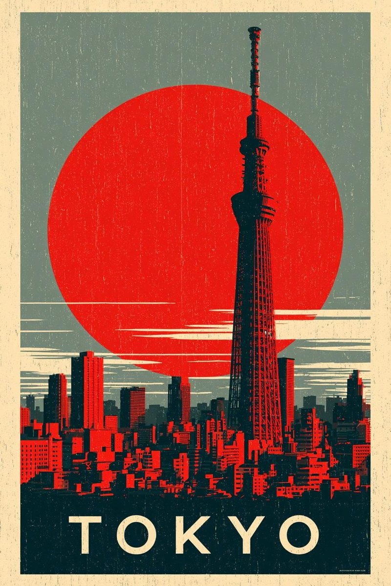 复古怀旧旅行海报系列,标志性世界城市与地标,东京天际线配晴空塔与巨大红日,巴黎埃菲尔铁塔金色日落映照波光粼粼的河面,纽约天际线配自由女神像与复…, 图片 1