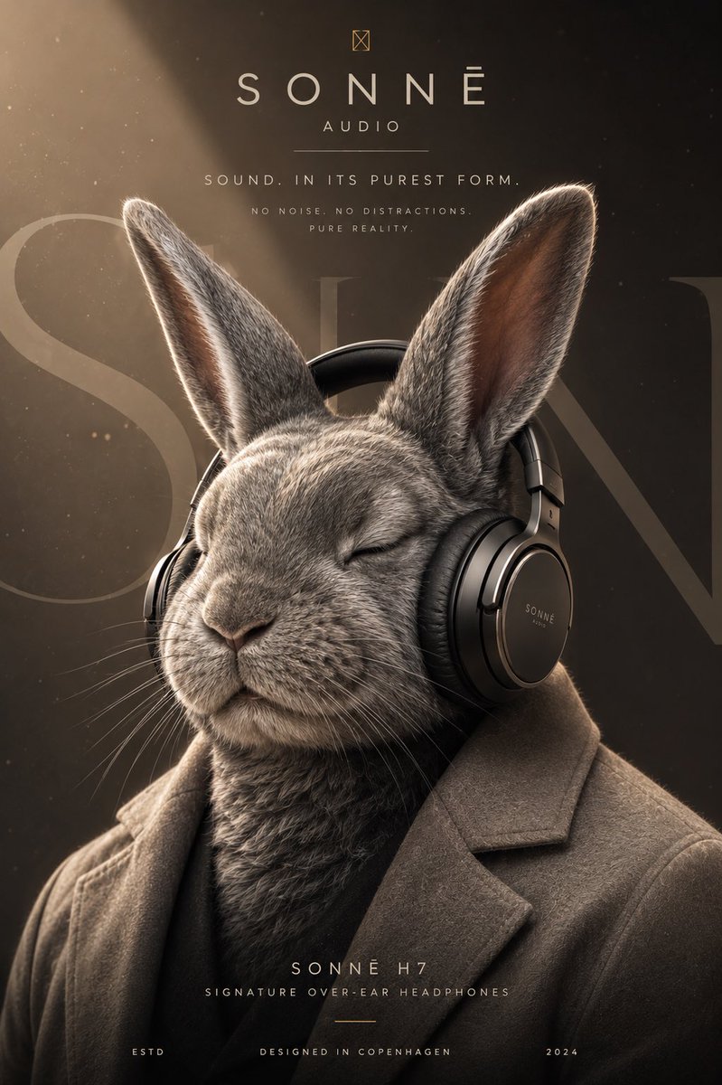 超写实高端音频宣传海报,以一只优雅的拟人化银灰色兔子为主角,佩戴哑光黑色奢华无线头戴式耳机,双眼轻闭,沉浸在深沉的音乐享受之中,神情平静安详,…, 图片 1
