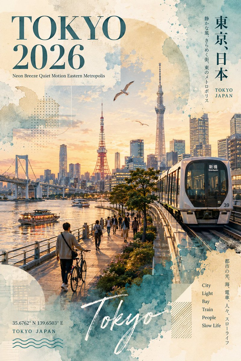 以东京为主题的旅行海报,采用水彩画+拼贴风格。竖构图。柔和的粉彩色与暖色调,营造黄昏黄金时段的氛围。, 图片 1