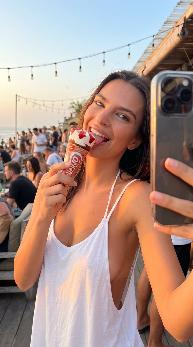 业余特写微模糊自拍的美味惊艳意大利瘦削棕发女友 emily ratajkowski,正在舔食一个草莓奶油甜筒(cornetto gelato)…, 图片 1