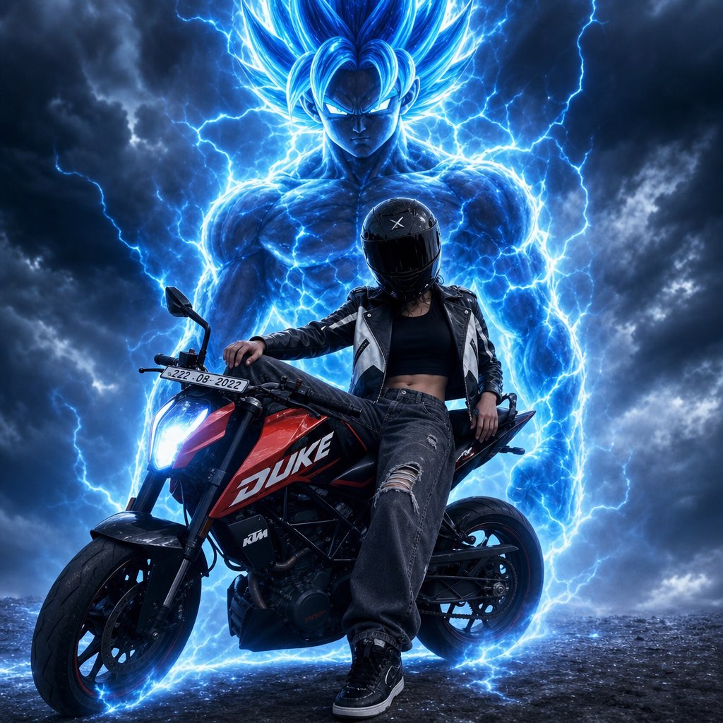 超现实电影感动漫剪辑：一位年轻的女骑手坐在一辆红色 KTM Duke 运动摩托车上，姿势和正面角度与参考图完全一致，身穿黑色短款上衣、黑白皮革…, 图片 1