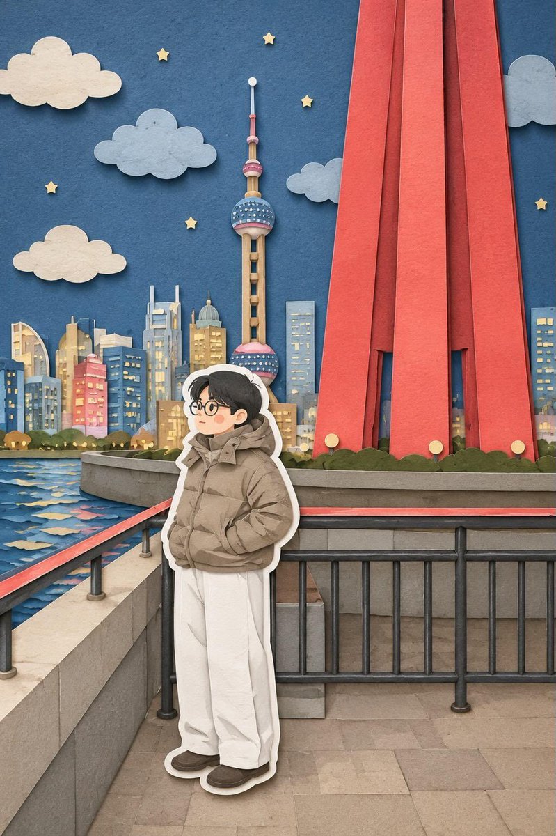 将这张图片转换为柔和的手工剪纸分层插画风格,灵感源自纸艺立体场景的美学。使用平滑圆润的形状、简化的可爱角色比例,以及极简的面部细节(圆点眼睛、…, 图片 1