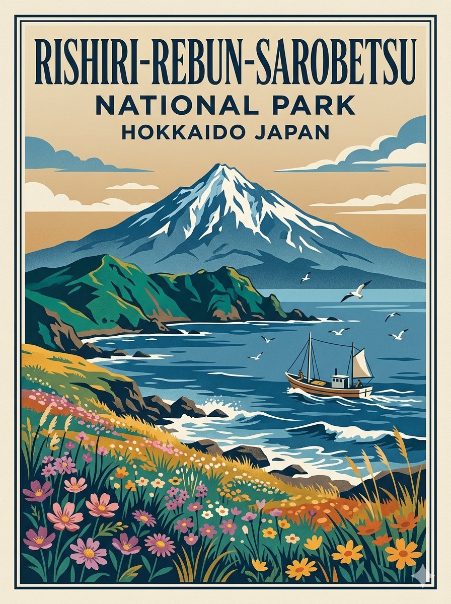 复古风国家公园旅行海报插画,描绘日本北海道利尻礼文佐吕间国立公园,雄伟的雪山耸立于宁静的海湾之上,郁郁葱葱的翠绿悬崖与嶙峋的海岸线,色彩缤纷的…, 图片 1