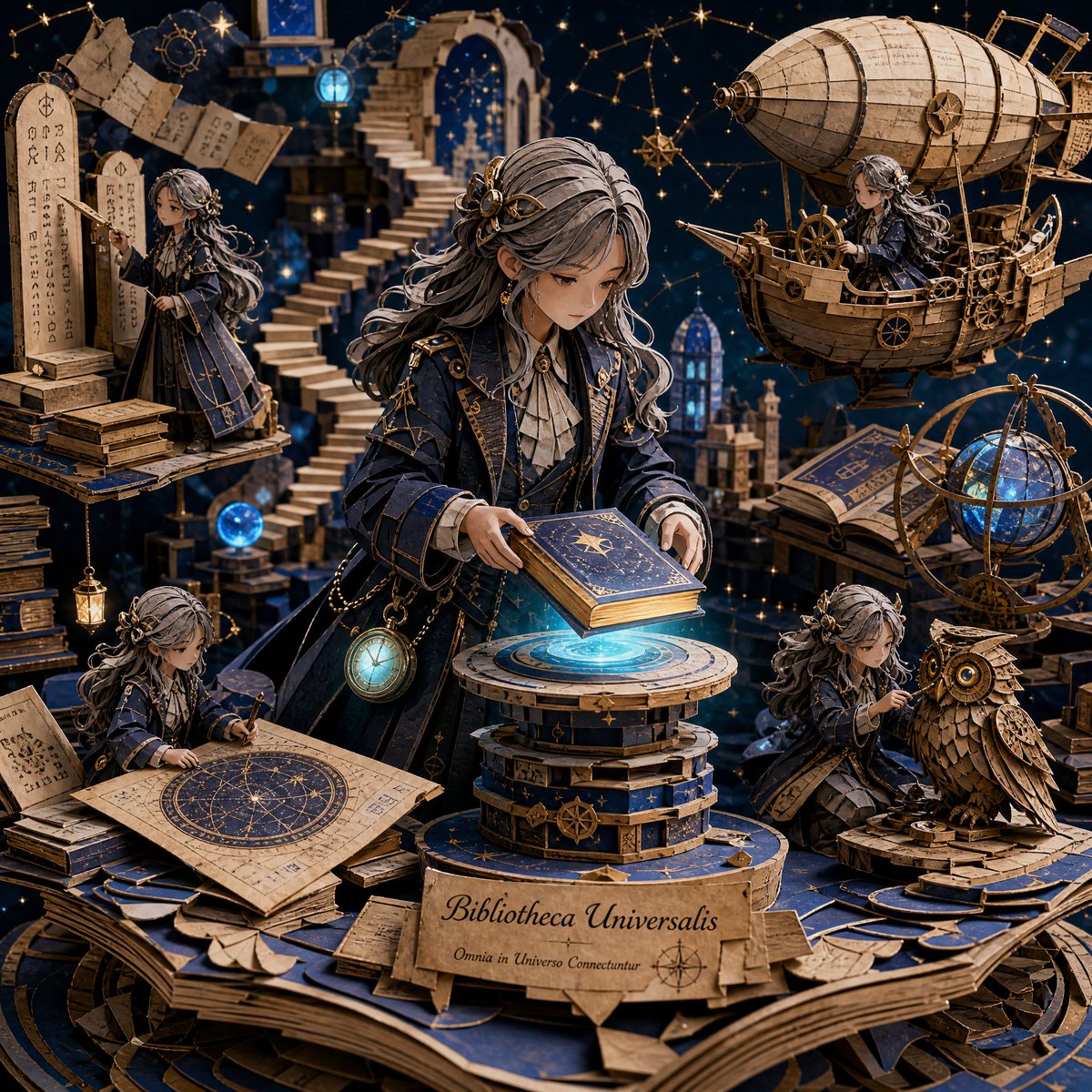 一个高度精细的3D分层纸艺立体场景模型,设置在一座漂浮的宇宙图书馆内,融合了奇幻与蒸汽朋克美学。画面中心是一位若有所思的年轻探险者,留着夹带银…, 图片 1