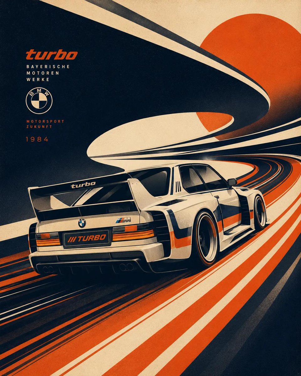 未来主义复古丝网版画插画，[BRAND] 风格的 [VEHICLE] 概念车在巨大流动的图形曲线和抽象的高速道路形态中疾驰，动态 3/4 透视…, 图片 1