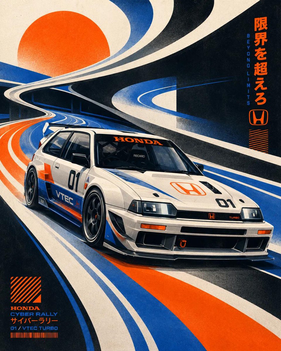 未来主义复古丝网版画插画，[BRAND] 风格的 [VEHICLE] 概念车在巨大流动的图形曲线和抽象的高速道路形态中疾驰，动态 3/4 透视…, 图片 3