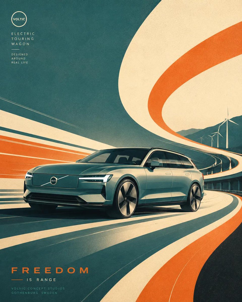 未来主义复古丝网版画插画，[BRAND] 风格的 [VEHICLE] 概念车在巨大流动的图形曲线和抽象的高速道路形态中疾驰，动态 3/4 透视…, 图片 4