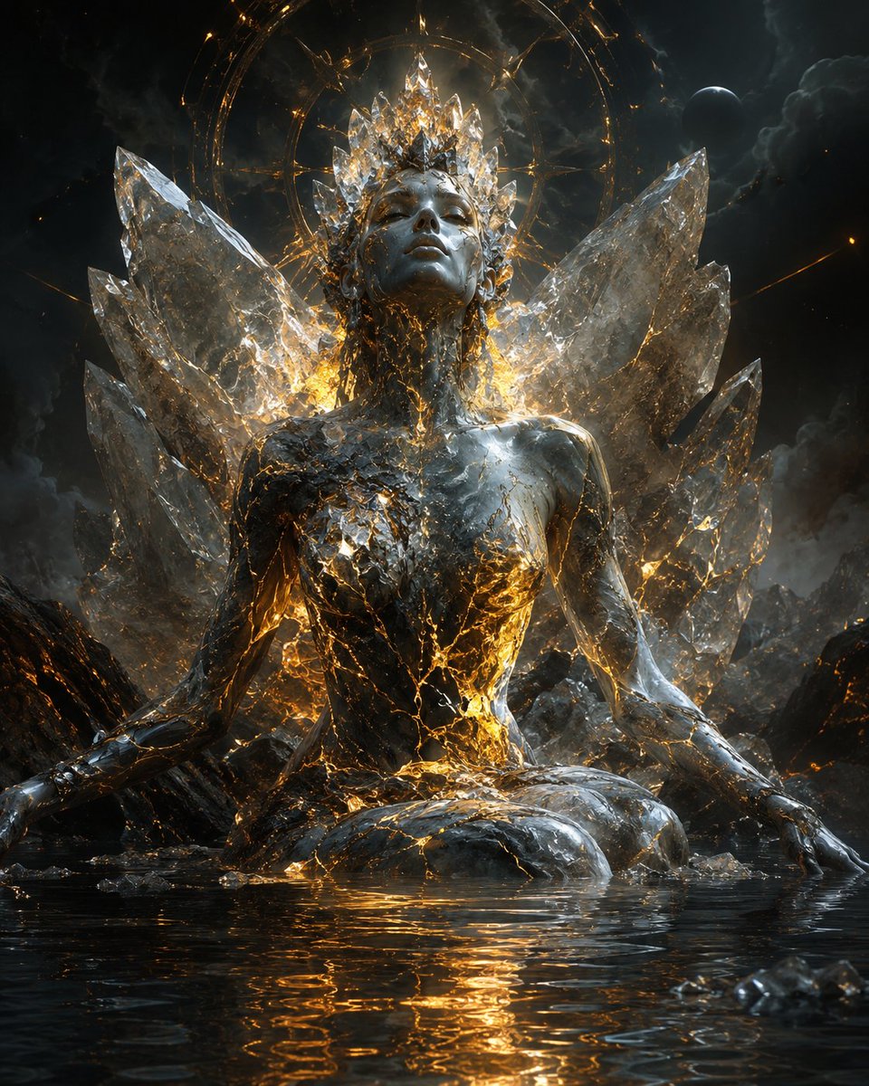 神话中由熔融转化中诞生的水晶女神,发光的金色裂痕如火山脉络般蔓延于她的身躯之上,优雅的女性形象静坐于倒映的黑暗水面,身后巨大的水晶构造宛如神圣…, 图片 1