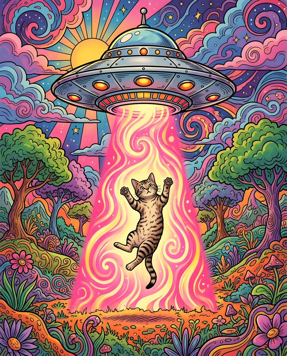 一幅复古风格的插画描绘了一个超现实的场景:一只猫被不明飞行物(UFO)绑架。这个经典的银色圆盘状飞碟带有圆顶,悬浮在空中,发射出一束明亮的粉黄…, 图片 1