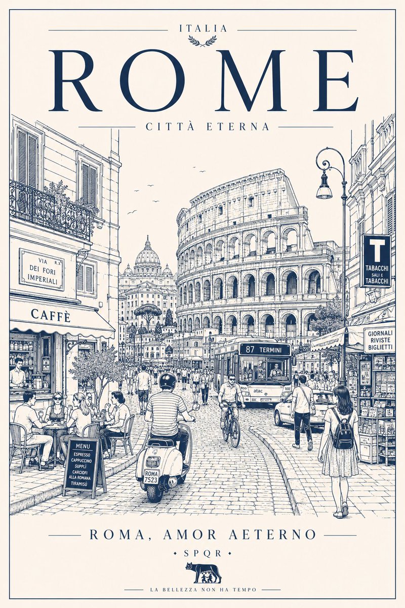 创作一张极简、超细致的[城市/地点]旅行海报，采用干净的单线矢量插画风格。展示真实日常的城市街景，而非游客明信片——包含当地行人、通勤者、骑行…, 图片 2