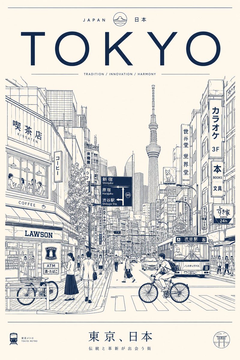创作一张极简、超细致的[城市/地点]旅行海报，采用干净的单线矢量插画风格。展示真实日常的城市街景，而非游客明信片——包含当地行人、通勤者、骑行…, 图片 4
