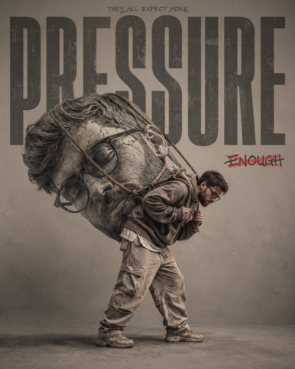 超写实概念肖像:一位年轻人背上背着一座与他本人面部一模一样的巨型写实石雕,仿佛沉重的负担。石雕布满裂纹、风化斑驳,他在重压下微微挣扎。他身穿中…, 图片 1