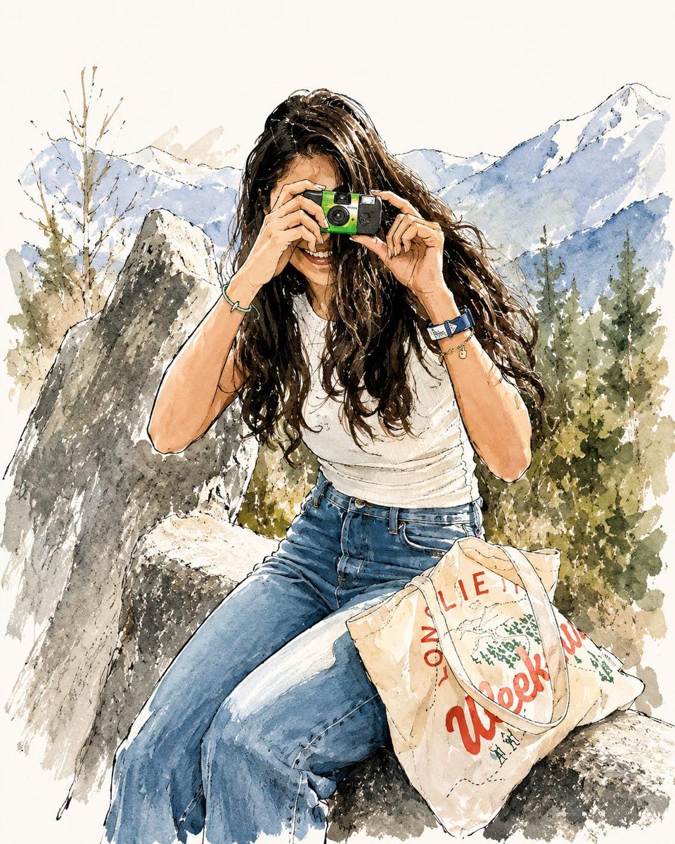 优雅水彩时尚插画:一位时尚的年轻女子穿梭于风景如画的城市和温馨咖啡馆之间,柔软的手绘水彩质感搭配富有表现力的钢笔速写轮廓,现代女性美学,长长的…, 图片 1