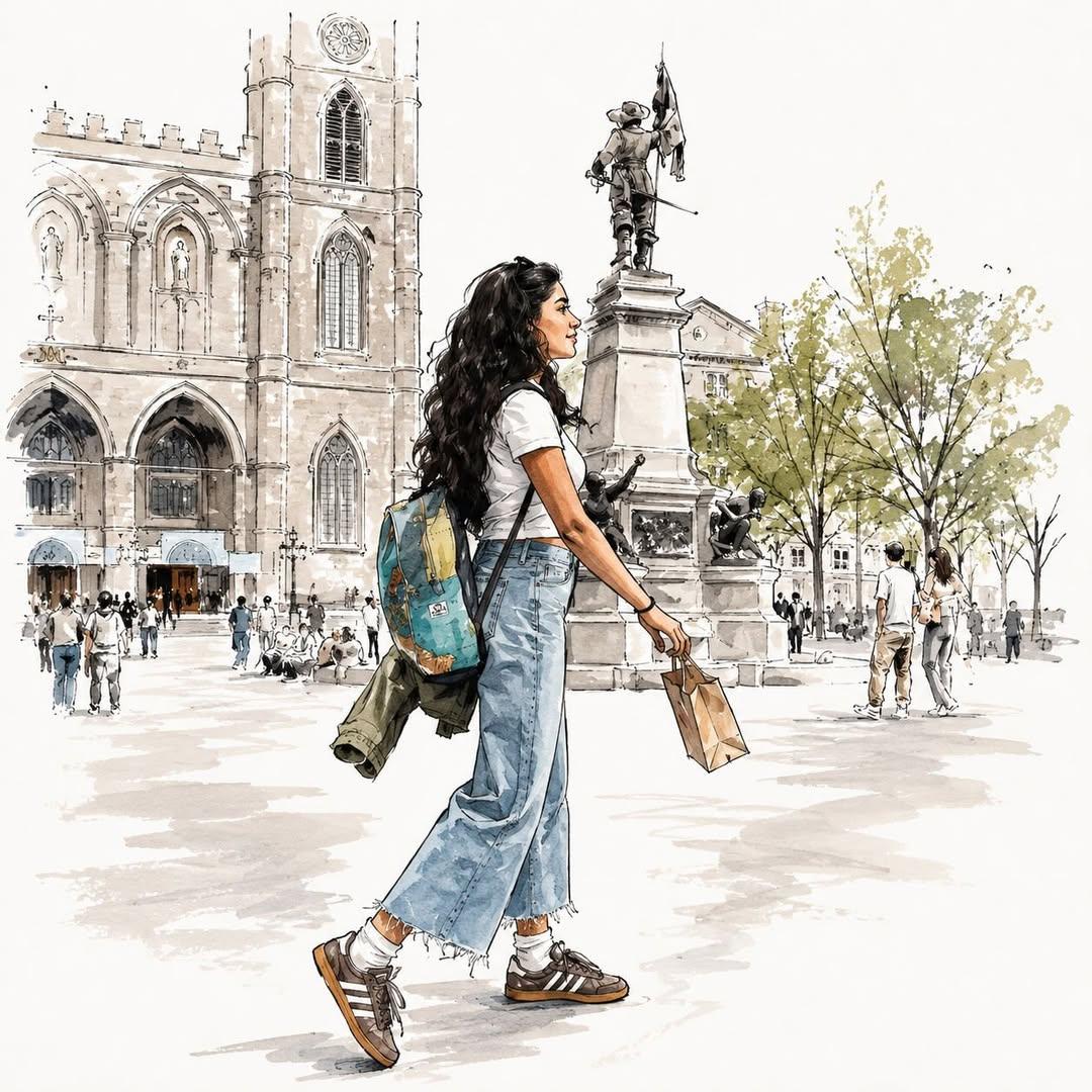 优雅水彩时尚插画:一位时尚的年轻女子穿梭于风景如画的城市和温馨咖啡馆之间,柔软的手绘水彩质感搭配富有表现力的钢笔速写轮廓,现代女性美学,长长的…, 图片 4