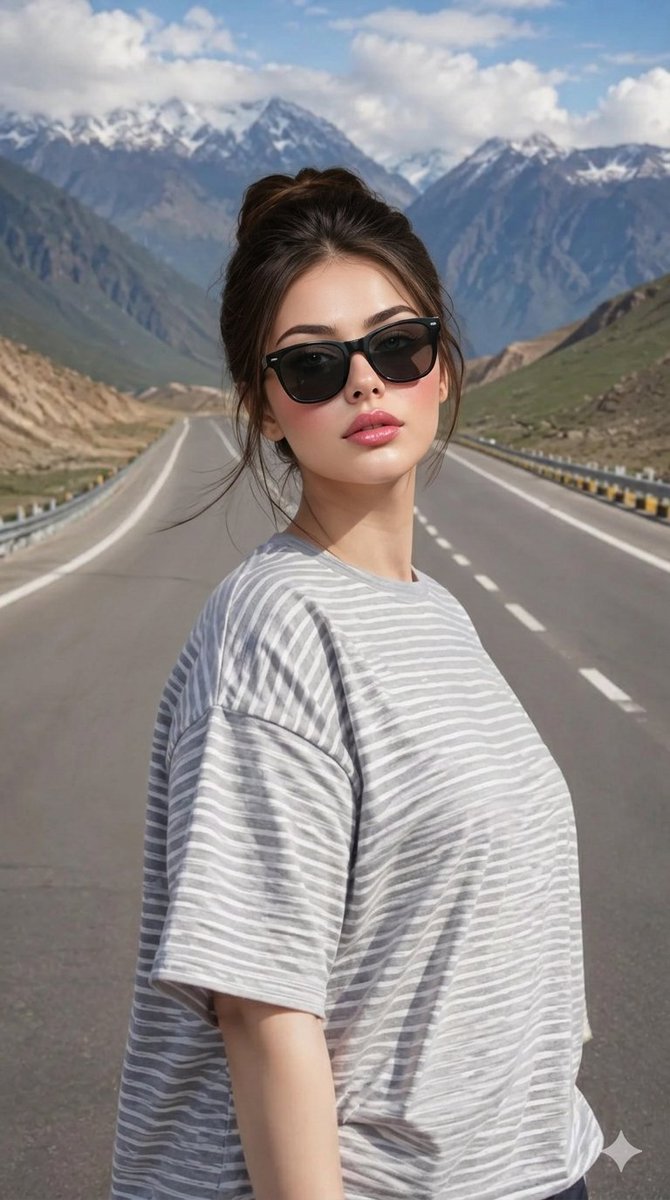 超现实风格的时尚白皙年轻女性,皮肤白皙发光,柔软波浪棕色卷发,高端黑色太阳镜,粉色光泽唇彩,超大灰白条纹T恤,优雅项链,自信地站立在空旷的公路…, 图片 1