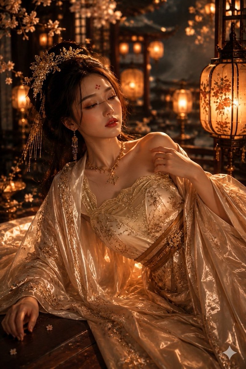一个超现实、电影感的镜头:一位令人惊艳的东亚女性以中国古代女皇的形象装扮,夜晚优雅地倚卧在装饰华丽的宫廷庭院中。她身穿一件精美绝伦、泛着光泽的…, 图片 1