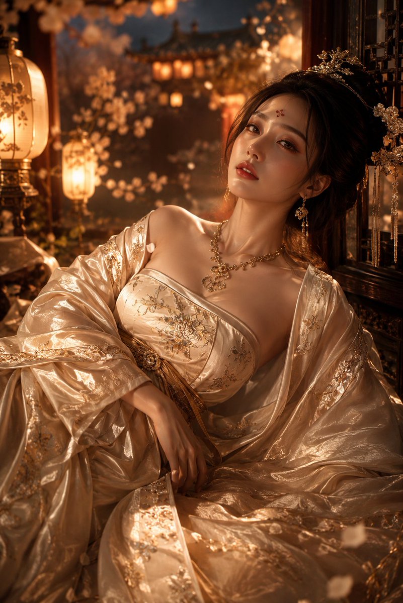 一个超现实、电影感的镜头:一位令人惊艳的东亚女性以中国古代女皇的形象装扮,夜晚优雅地倚卧在装饰华丽的宫廷庭院中。她身穿一件精美绝伦、泛着光泽的…, 图片 2