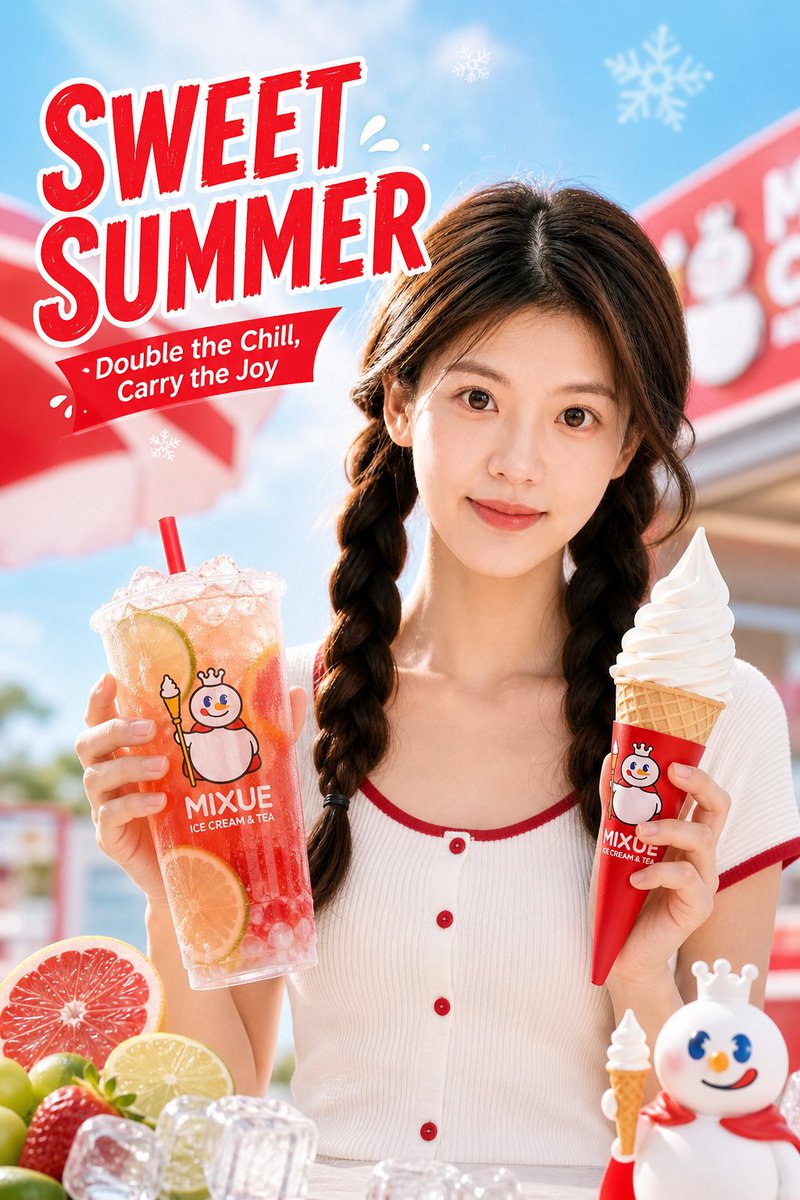 为蜜雪冰城（Mixue Ice Cream & Tea）制作优质商业宣传海报，使用上传的肖像照片作为身份参考。仅参考上传肖像的五官和发型，确保…, 图片 1