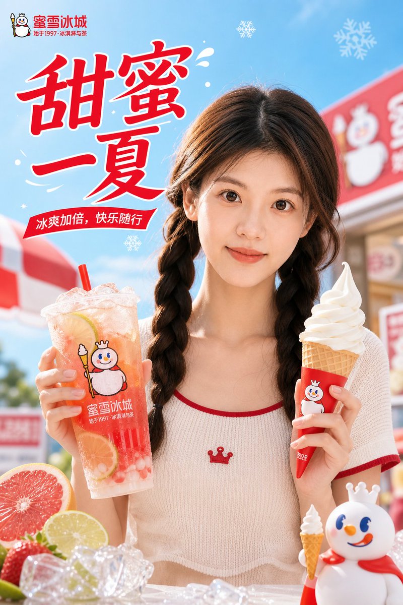为蜜雪冰城（Mixue Ice Cream & Tea）制作优质商业宣传海报，使用上传的肖像照片作为身份参考。仅参考上传肖像的五官和发型，确保…, 图片 2