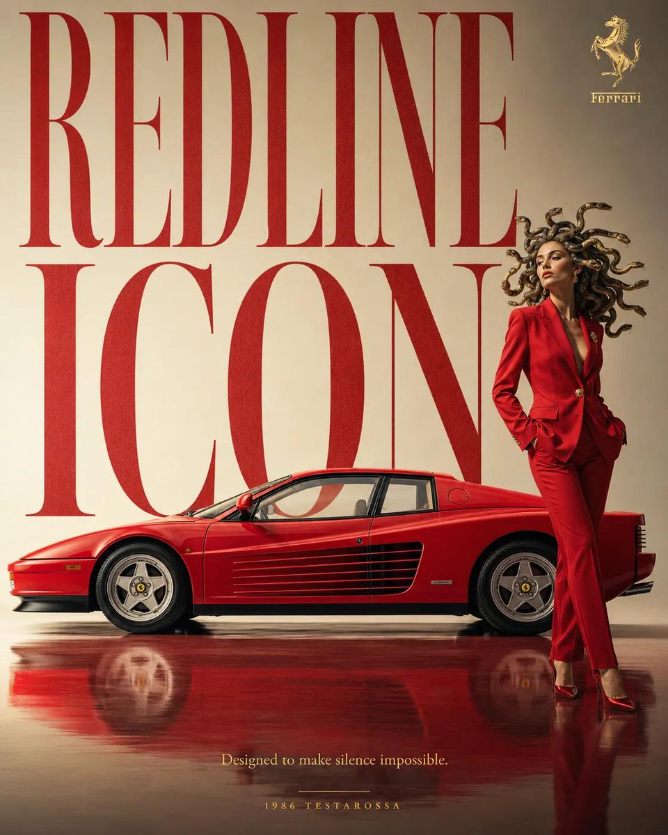 高端超现实汽车广告海报，[BRAND]（品牌）[CAR MODEL]（车型），标志性复古车以干净的侧面视角展示，一位时尚的[CHARACTER…, 图片 2