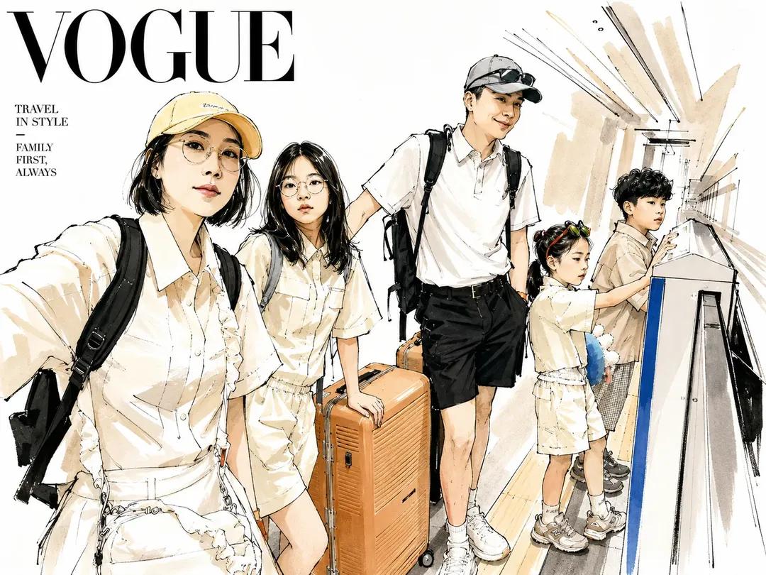 时尚编辑风格水彩插画,灵感源自《Vogue》杂志封面,时髦的现代家庭与朋友摆出随性的旅行自拍姿势,优雅的动漫风格角色配以富有表现力的速写线条艺…, 图片 1