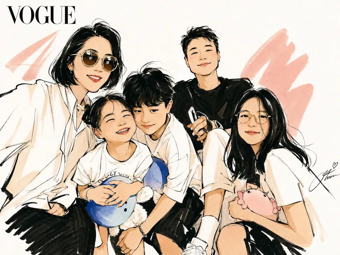 时尚编辑风格水彩插画,灵感源自《Vogue》杂志封面,时髦的现代家庭与朋友摆出随性的旅行自拍姿势,优雅的动漫风格角色配以富有表现力的速写线条艺…, 图片 2