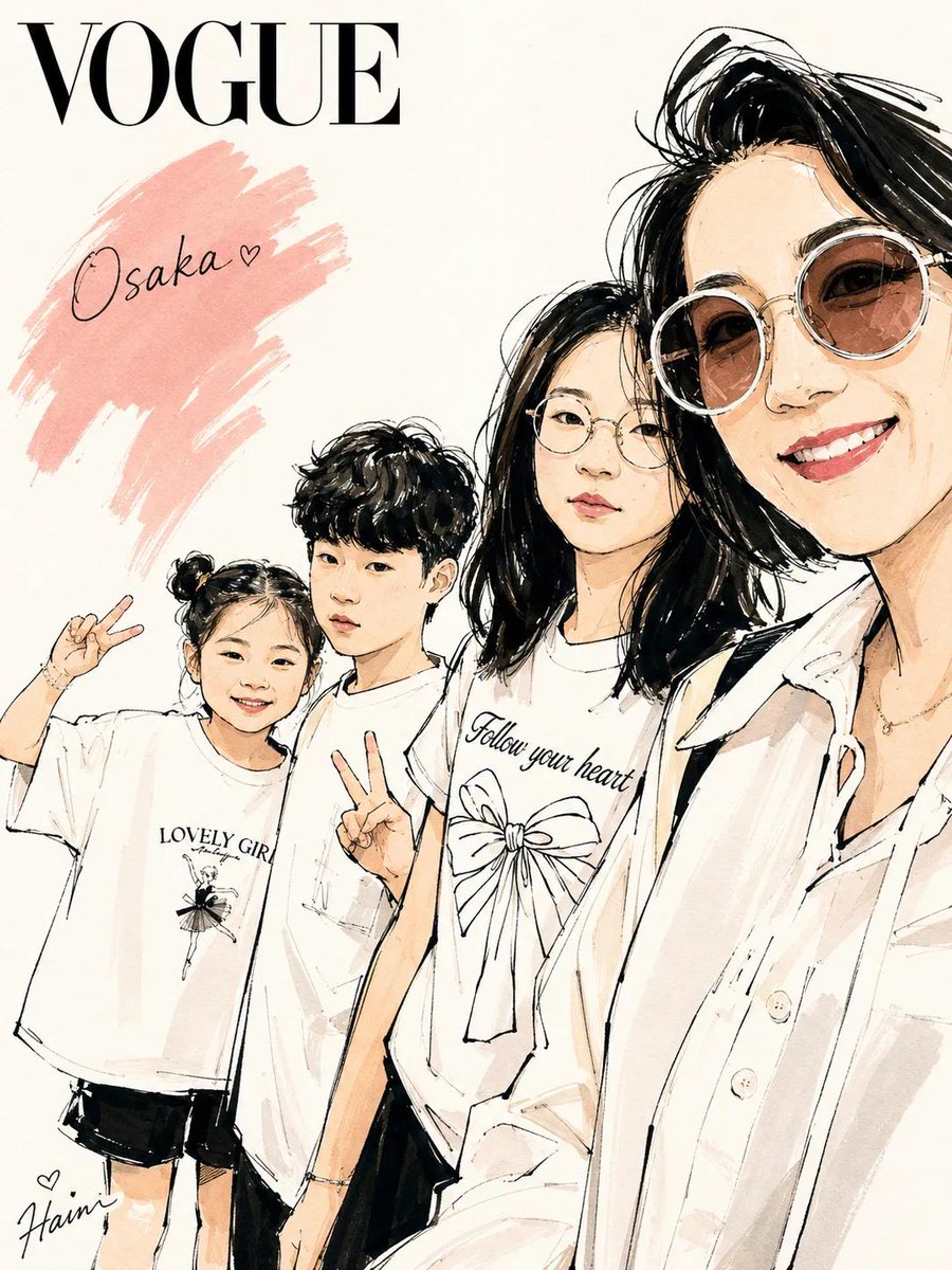时尚编辑风格水彩插画,灵感源自《Vogue》杂志封面,时髦的现代家庭与朋友摆出随性的旅行自拍姿势,优雅的动漫风格角色配以富有表现力的速写线条艺…, 图片 3