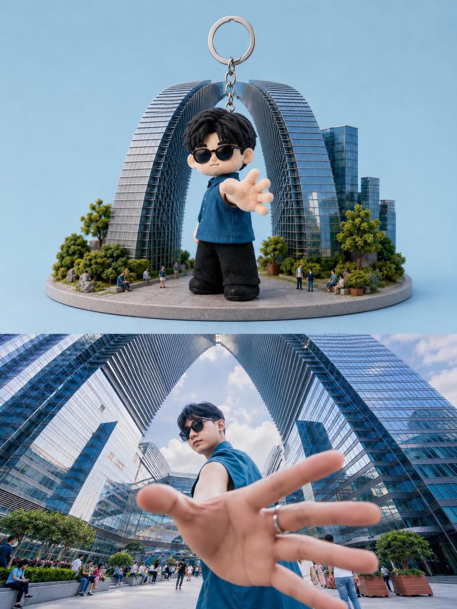 创建一个分屏构图,展示一个逼真的收藏款钥匙扣手办以及它的现实灵感来源。, 图片 1