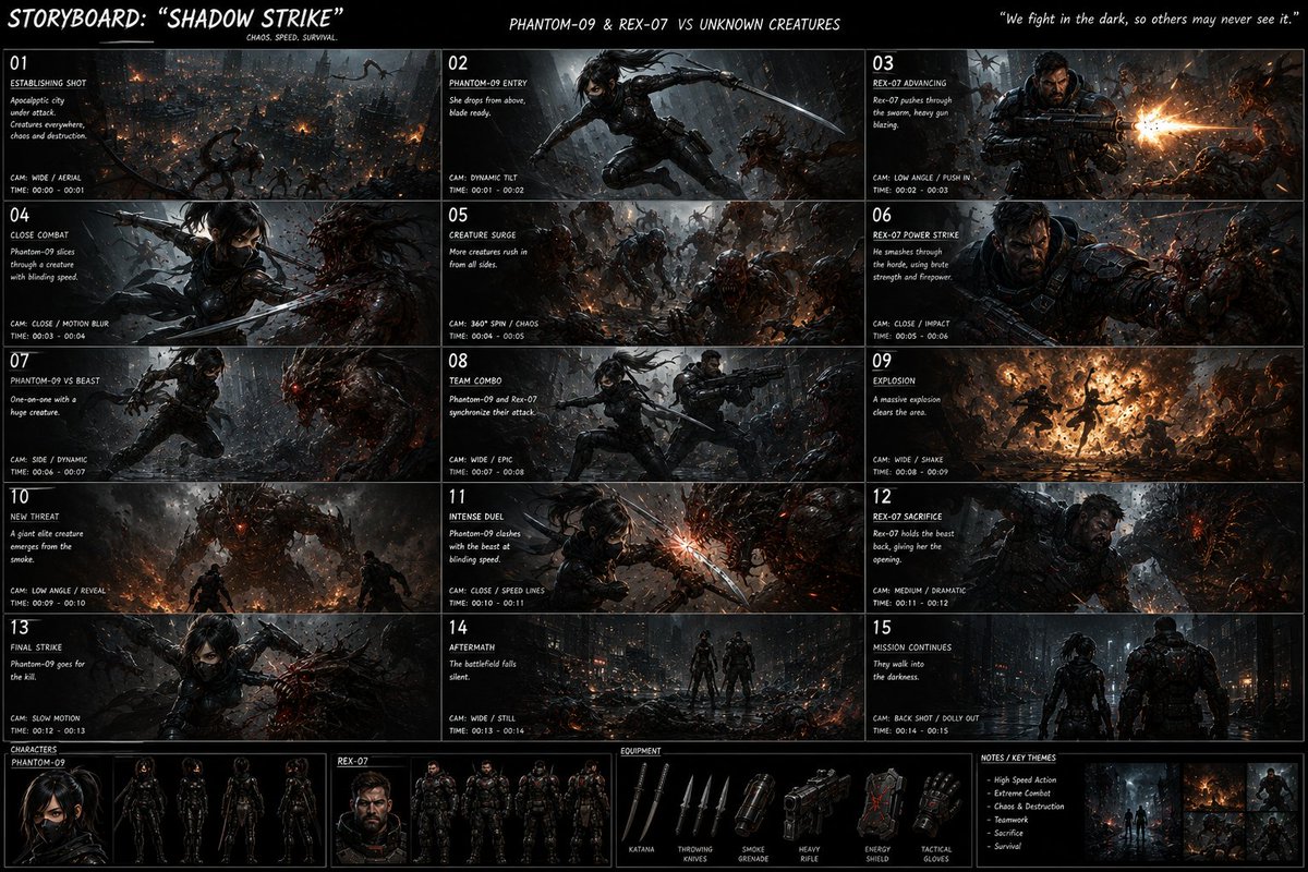 超细节电影级分镜动作表,15 面板网格布局,超写实黑暗科幻恐怖美学,Phantom-09 和 Rex-07 在被摧毁的未来都市中与恐怖恶魔生物…, 图片 1