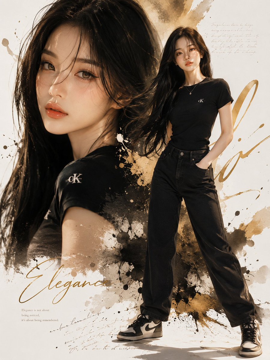 上传图片中的年轻韩国女性，超写实风格，优雅的拼贴海报，剪裁合身的黑色T恤配极简标志logo，黑色牛仔短裤，黑色高帮Nike耐克运动鞋，长直丝滑…, 图片 2