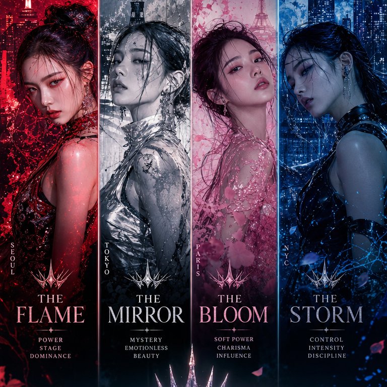 超高端 K-pop 回归企划,主打四人全球女子组合,呈现奢华混乱、情感力量与未来感女性气质。, 图片 1