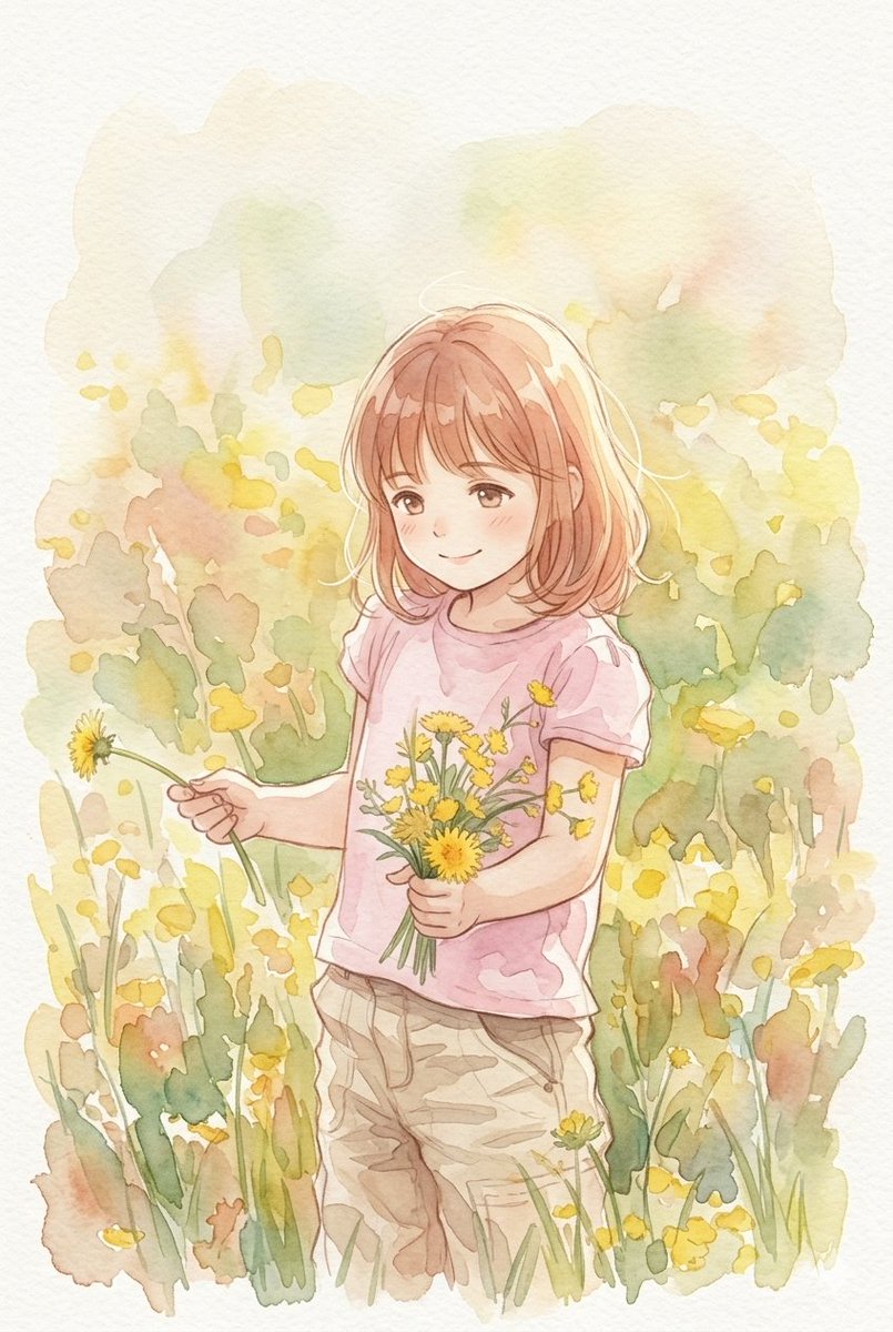 一幅动漫风格的竖版水彩插画，描绘了一位年轻女孩，她有着齐肩的浅棕色头发，身着柔软的粉色T恤和浅卡其色工装裤。画面采用柔和流畅的水彩晕染技法，展…, 图片 1
