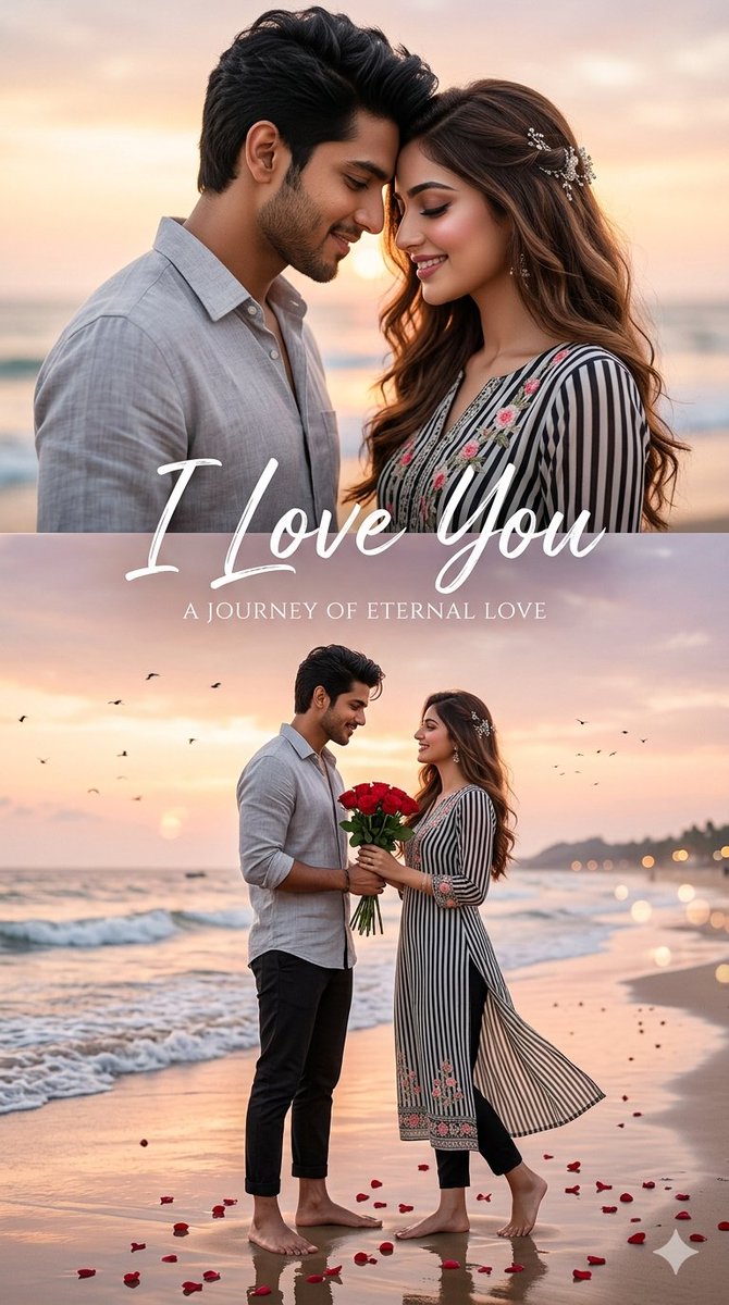 超写实浪漫婚前海报:一对年轻的南亚情侣赤脚站在美丽的海滩上,沐浴在灿烂的夕阳余晖中。英俊的男士留着时尚的有纹理黑色短发、淡淡的胡须,身穿浅灰色…, 图片 1