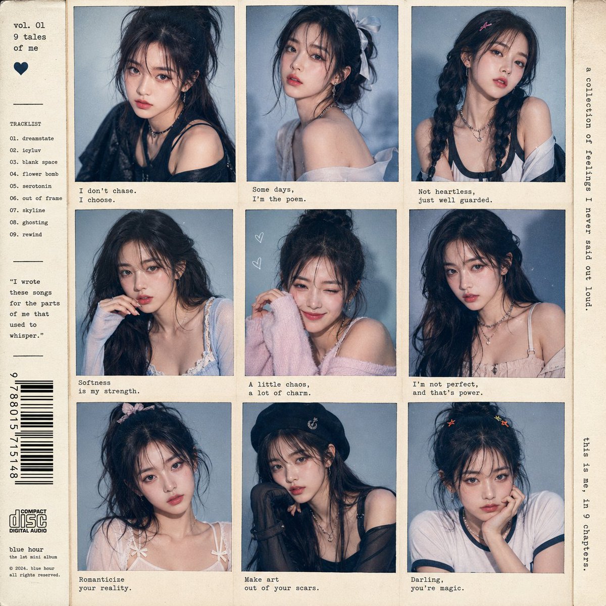 上传图片中的年轻韩国女性,半写实动漫风格,K-pop偶像概念专辑封面,3x3网格肖像拼贴,九张独特的单人肖像,发型和服装各不相同,柔和的蓝灰色…, 图片 1