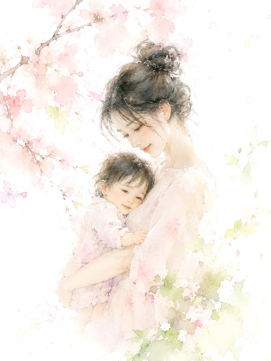 梦幻般的水彩杰作。一位优雅的女子怀抱幼童,以轻盈的印象派笔触和柔和的笔触描绘。以白色为底,辅以樱花粉和嫩叶绿的透明晕染,这些自然色调在冷压水彩…, 图片 1