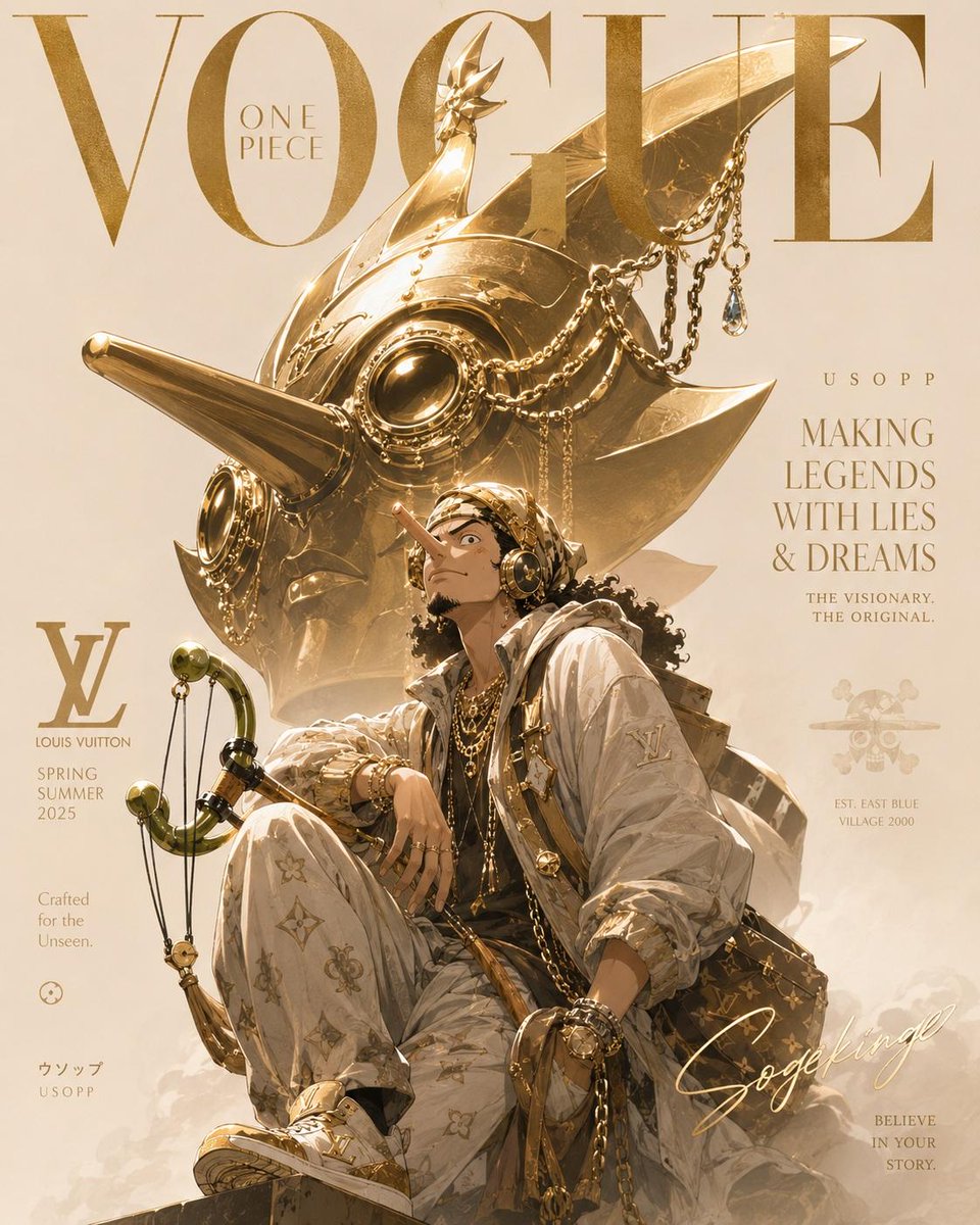 奢华动漫时尚杂志封面,灵感来自高端Vogue编辑美学,标志性的《海贼王》角色重新构想为高级定制时装模特,戏剧性的电影级打光,超精细动漫插画,优…, 图片 2