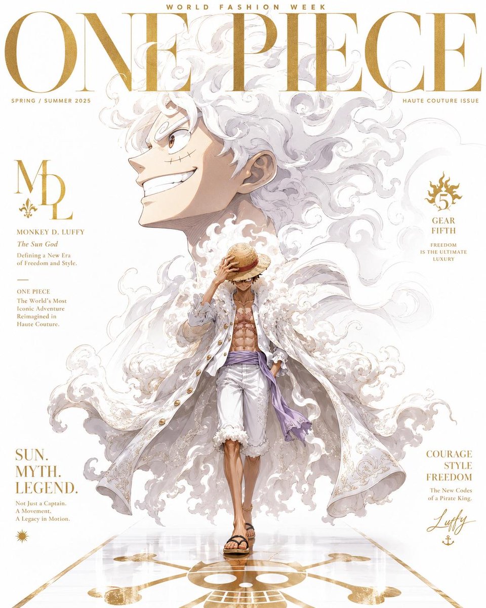 奢华动漫时尚杂志封面,灵感来自高端Vogue编辑美学,标志性的《海贼王》角色重新构想为高级定制时装模特,戏剧性的电影级打光,超精细动漫插画,优…, 图片 4