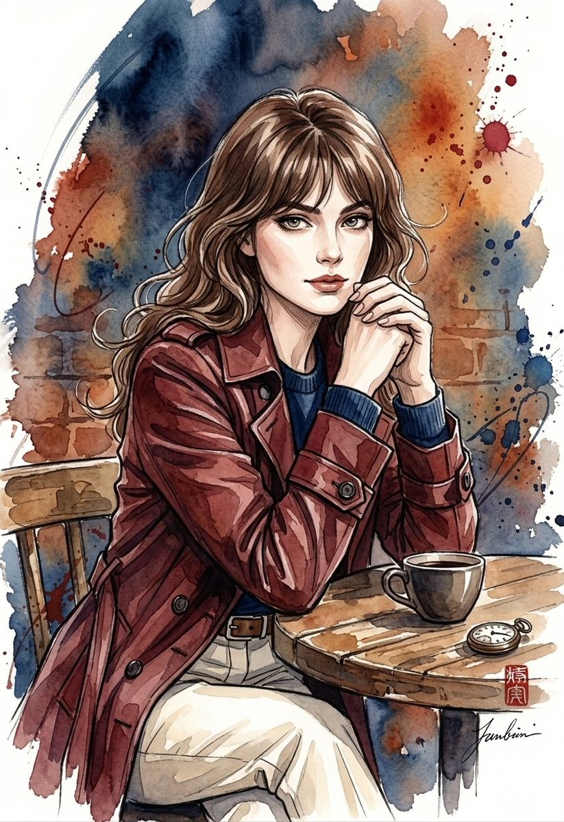一幅惊艳的水彩与墨水插画，描绘一位时尚年轻女性。她拥有波浪状的齐肩棕色头发和轻盈的刘海，面部表情丰富而优雅，轮廓线条分明，眼神迷人。她身穿深红…, 图片 1